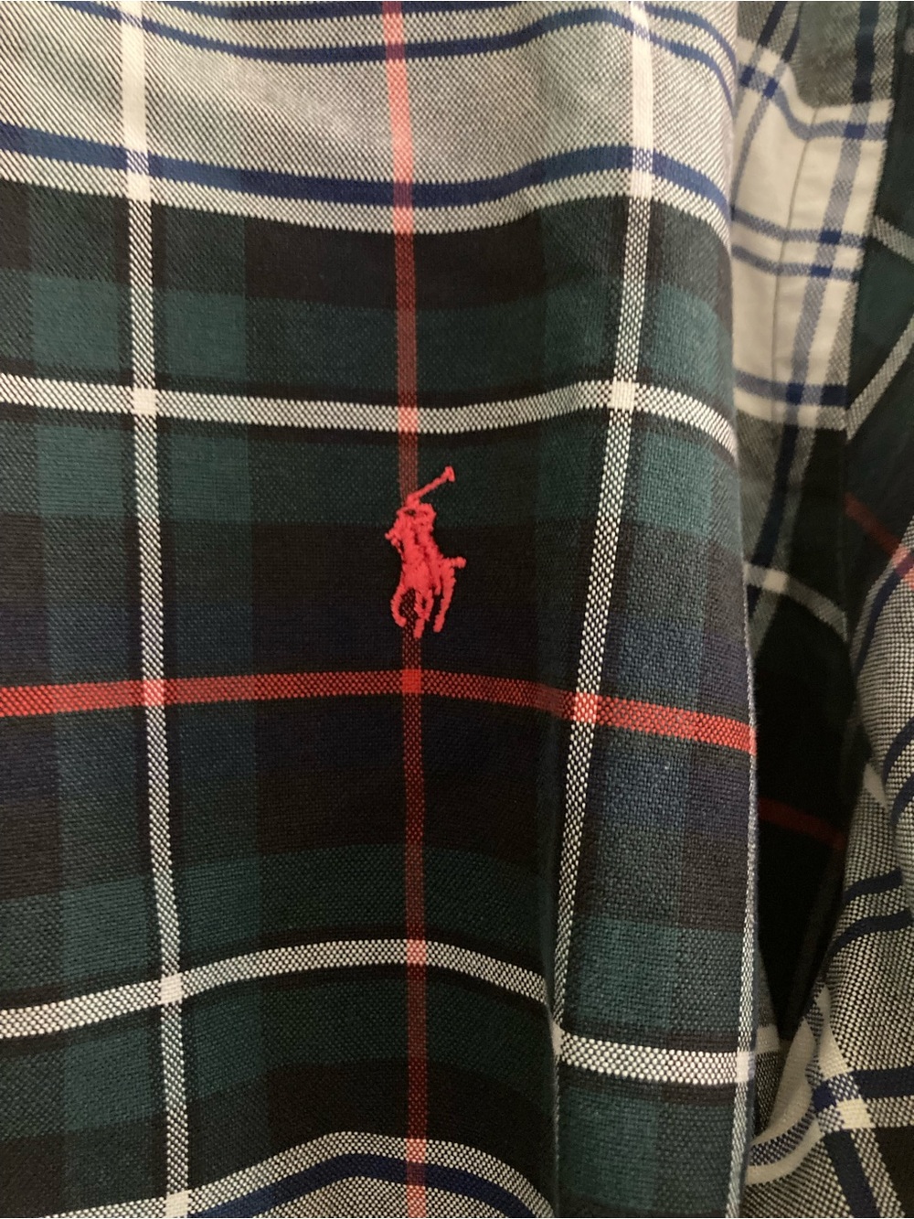 Ralph Lauren Green and Navy Plaid Button-Down Shirt with Red Logo